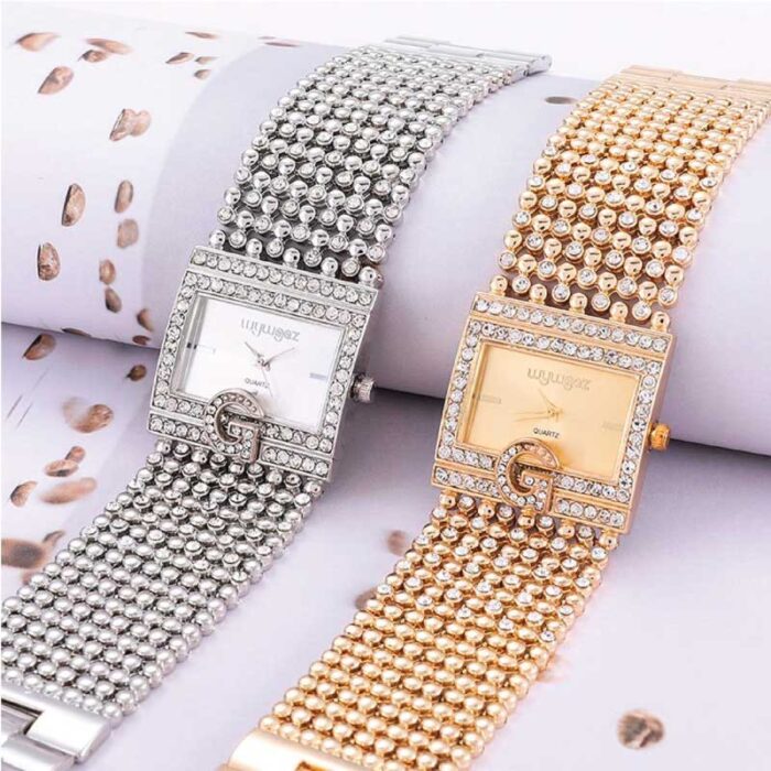 Luxury Rhinestone Bracelet Wide Stainless Steel Rose Gold Women Watches