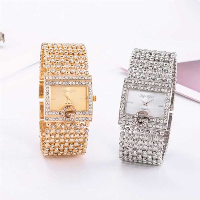 Luxury Rhinestone Bracelet Wide Stainless Steel Rose Gold Women Watches - Image 2