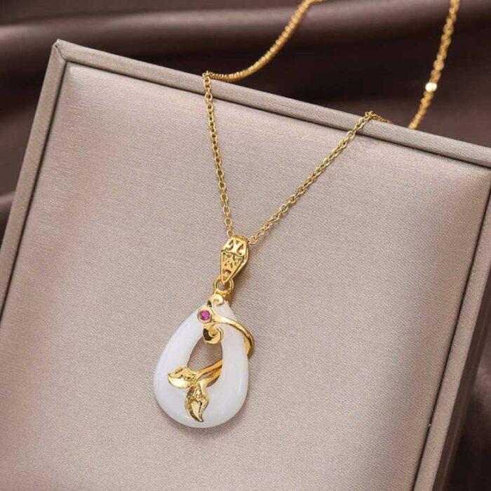 Buddha Stones Jade Oval Pattern Blessing Fortune Necklace - Image 3